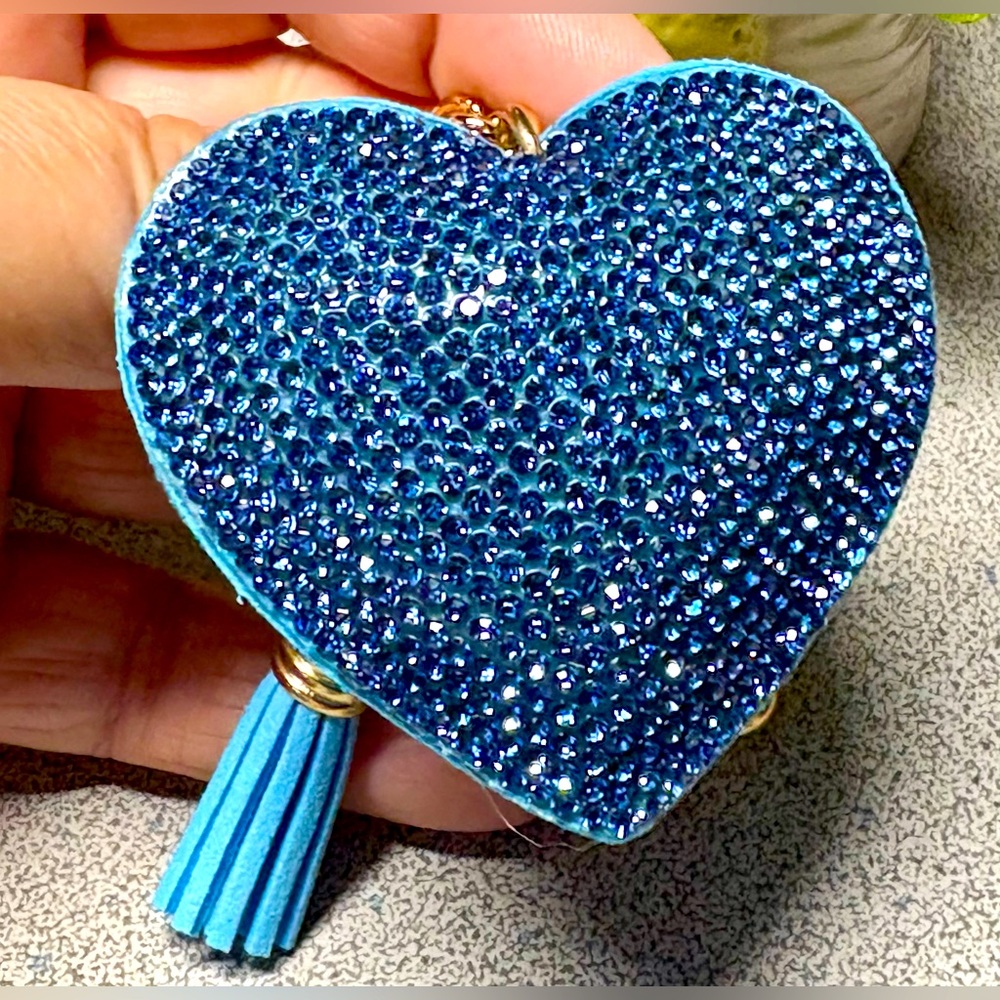 Blue Heart Keychain with Rhinestones and jingle bell/gold